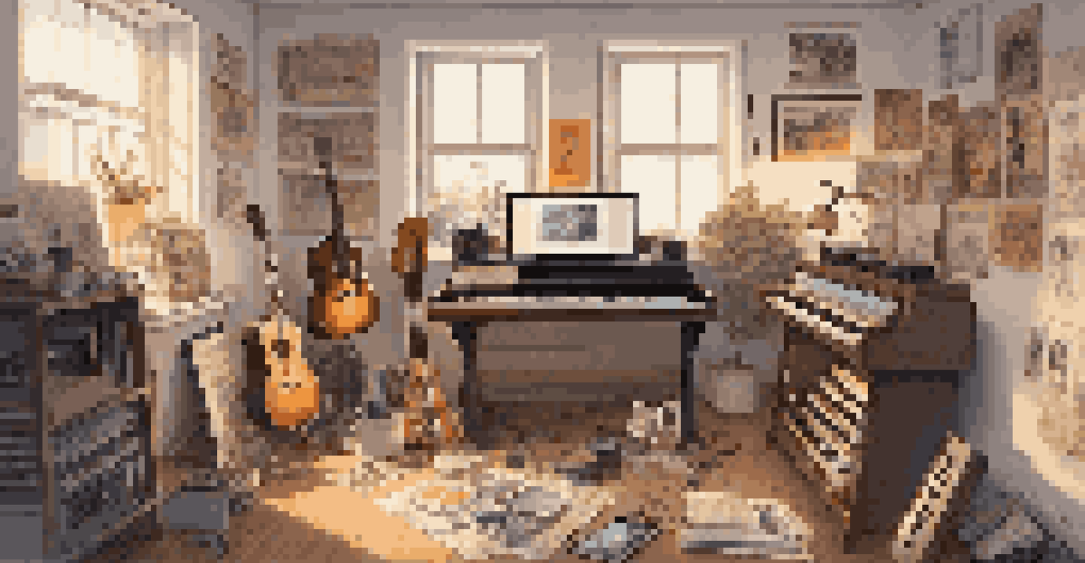 An artist's studio with musical instruments and a laptop, showcasing a creative workspace filled with inspiration and social media engagement.