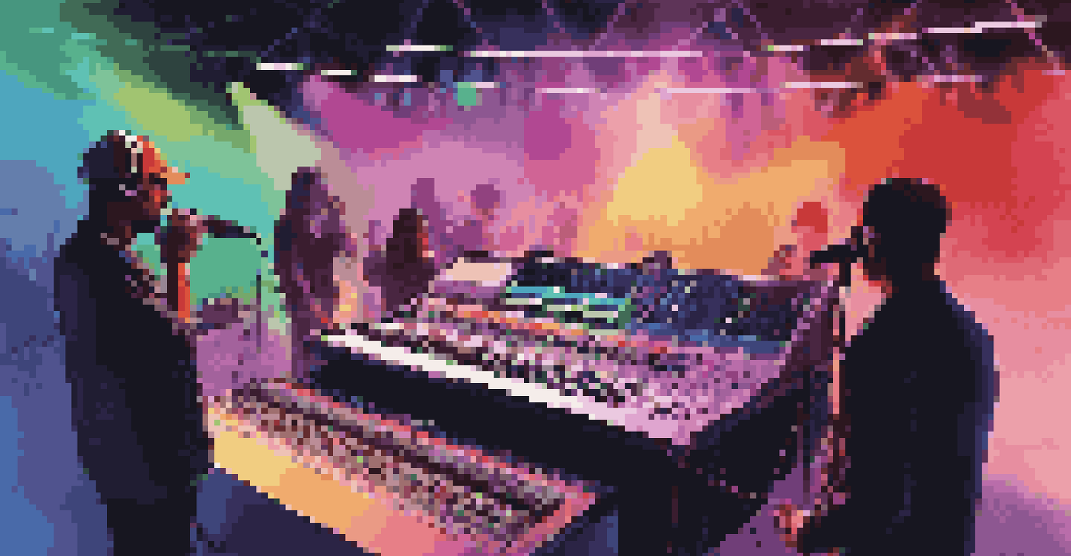 A modern live sound setup with digital mixing consoles and musicians performing under colorful LED lights.