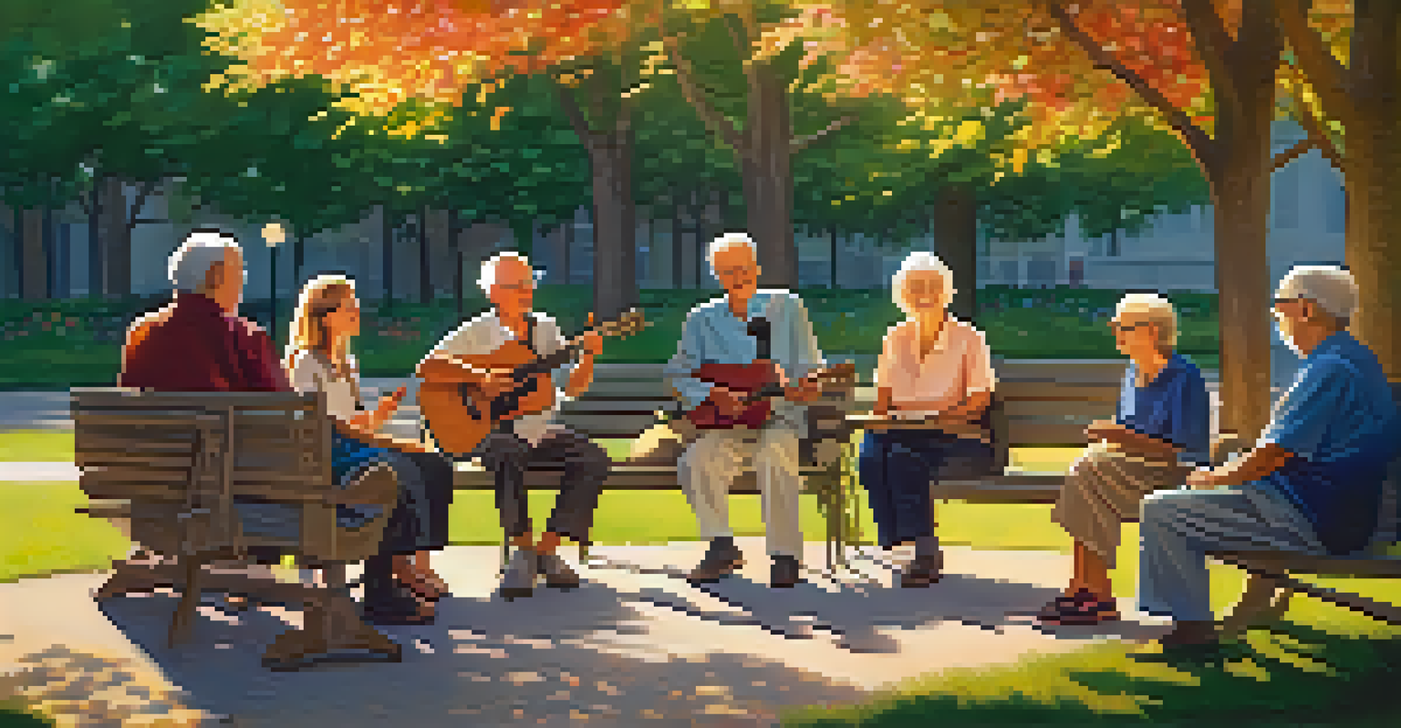 Elderly individuals enjoying a music therapy session in a park, with a therapist playing guitar and participants clapping along.