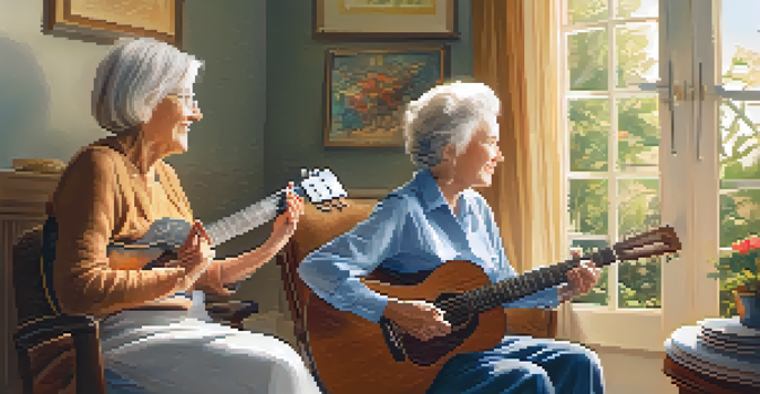 An elderly woman enjoying a music therapy session, listening to a caregiver playing a guitar in a cozy room filled with warm light and calming decorations.