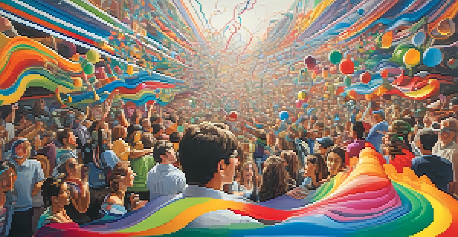 A colorful depiction of sound waves traveling through air in a crowded room, illustrating communication and music.