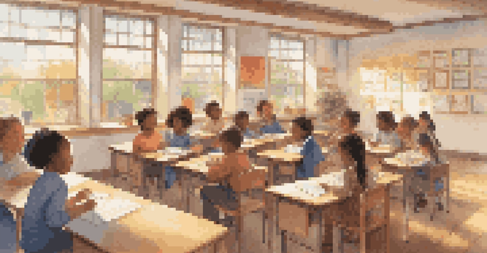 A classroom with students engaging in language learning using flashcards and singing, with colorful posters and sunlight streaming through the windows.