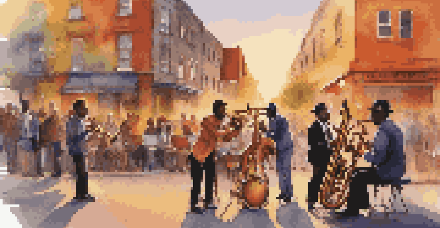 A jazz band performing on the street during sunset, with a trumpet player, guitarist, and drummer, surrounded by colorful street art and an engaged audience.