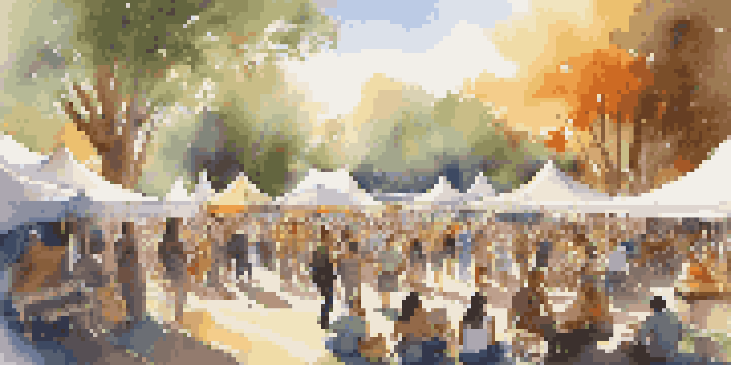 A lively outdoor classical music festival with diverse musicians and colorful tents, surrounded by an audience enjoying the performances under sunlight.