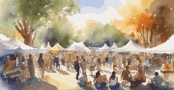 A lively outdoor classical music festival with diverse musicians and colorful tents, surrounded by an audience enjoying the performances under sunlight.