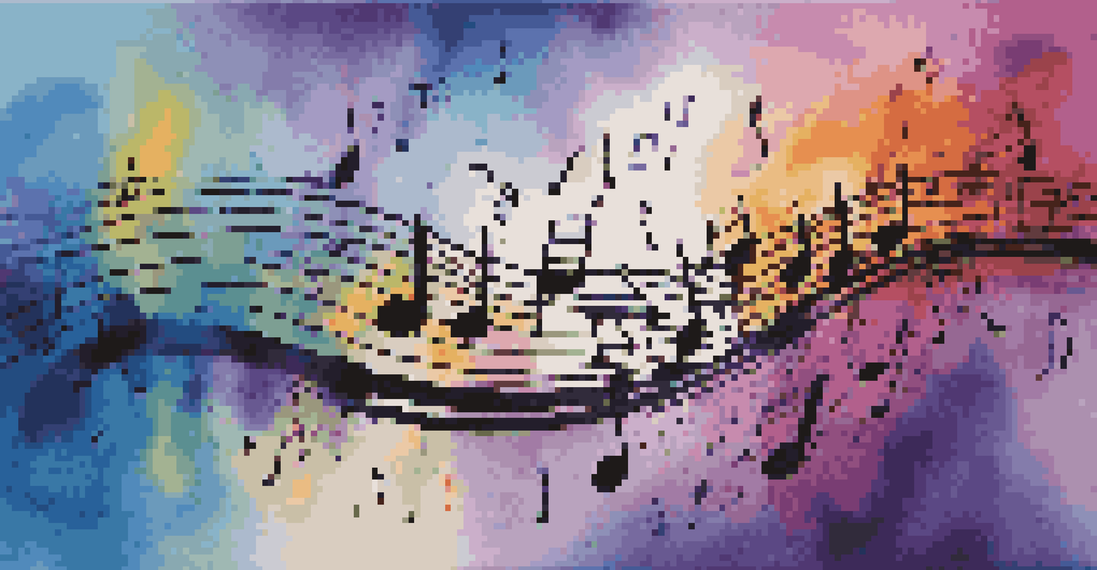An abstract image of colorful musical notes and sound waves flowing together on a blue to purple gradient background.