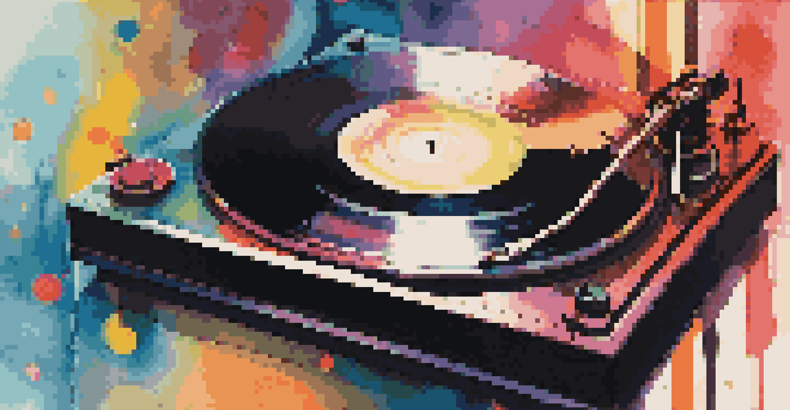 A close-up of a vinyl record on a turntable, surrounded by colorful abstract patterns representing music's emotional impact.