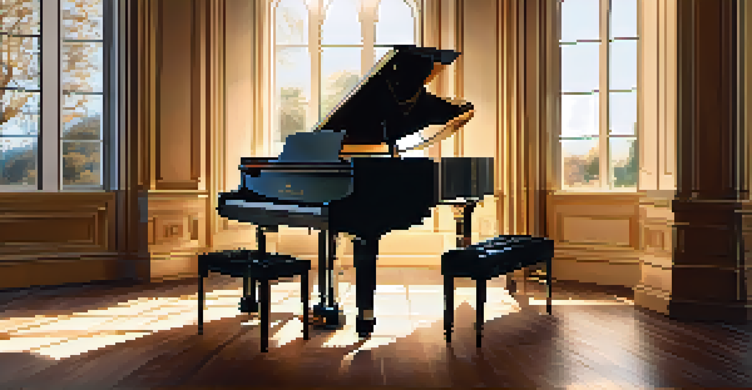 A close-up of a musician playing a grand piano in a warmly lit room, with sheet music visible.