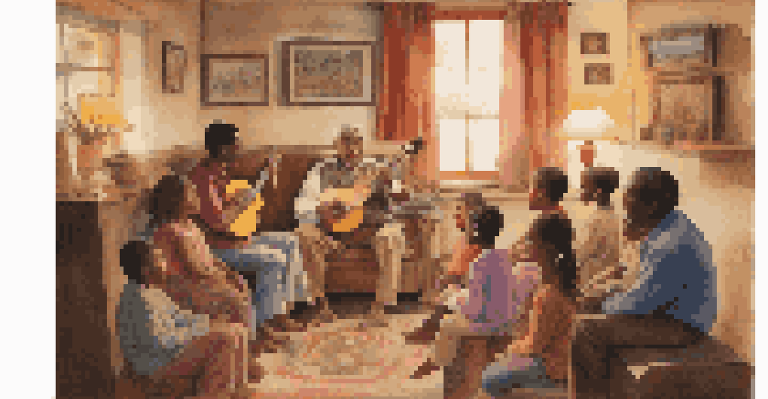 An elder sharing traditional songs with younger members of a diaspora community in a cozy living room, creating a warm, engaging atmosphere.