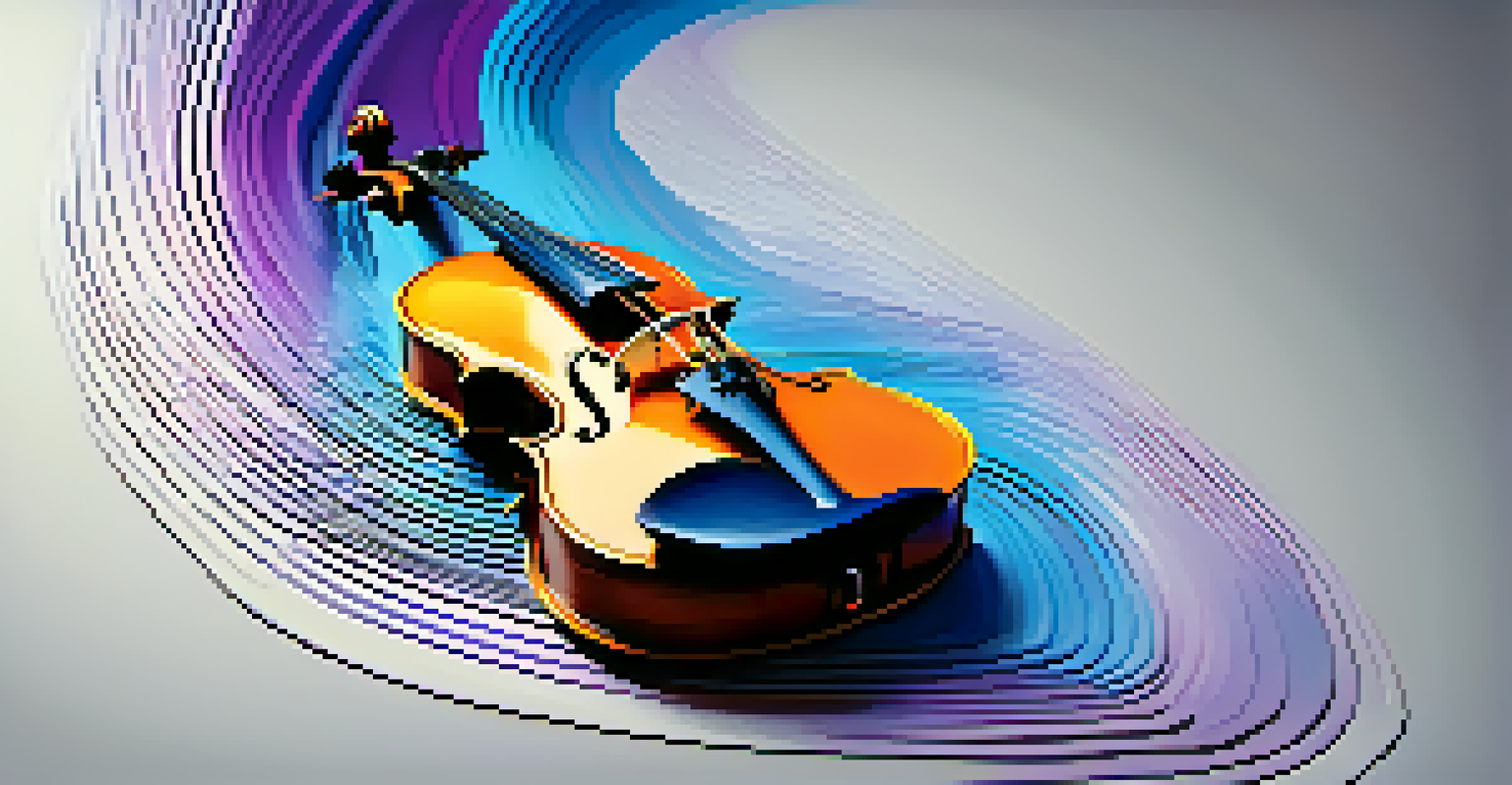 An artistic representation of sound waves in vibrant colors flowing from a violin, symbolizing vibrato's emotional depth.