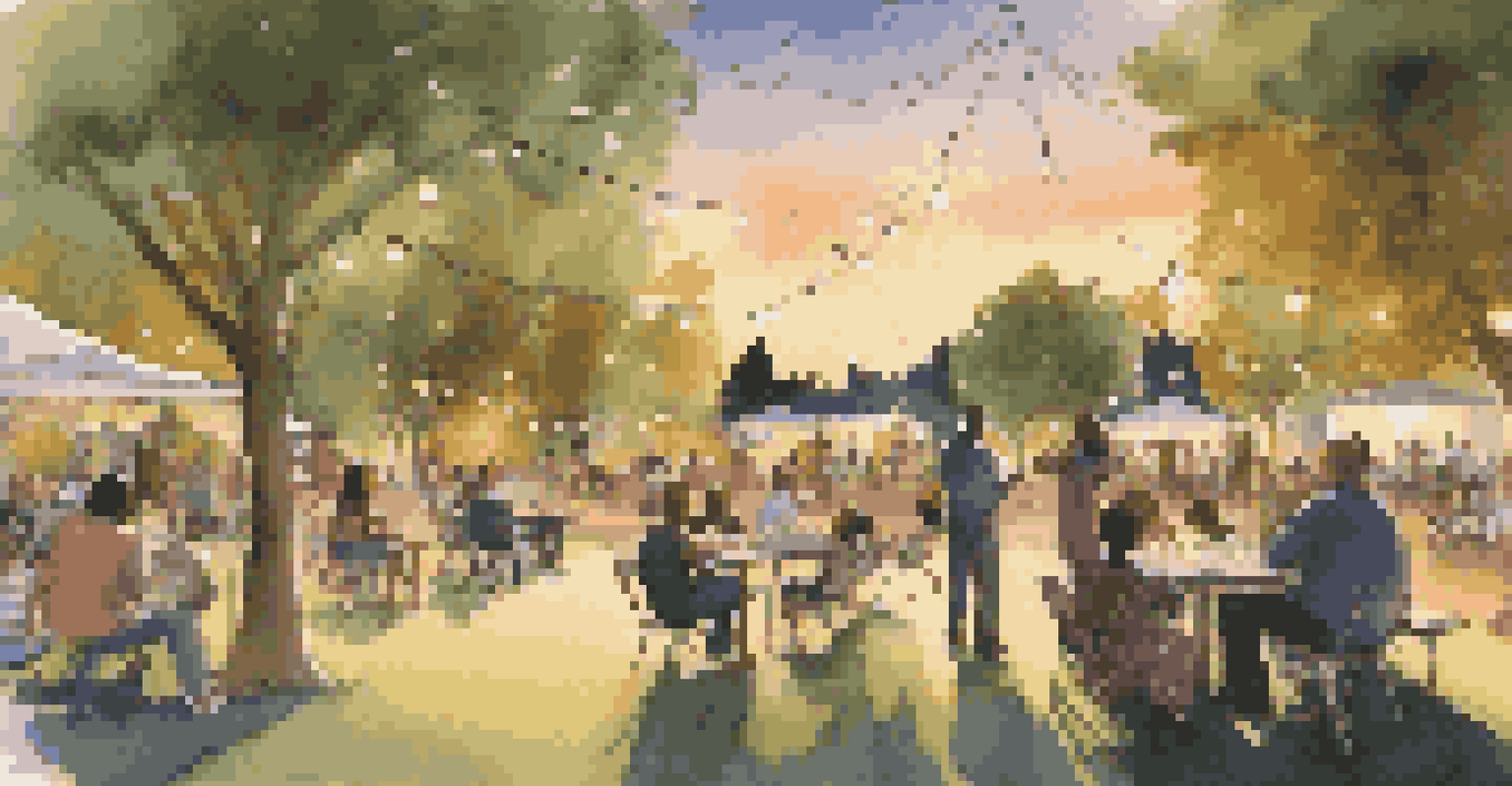 An outdoor jazz night in a park with people sitting on blankets, enjoying music and the sunset atmosphere.