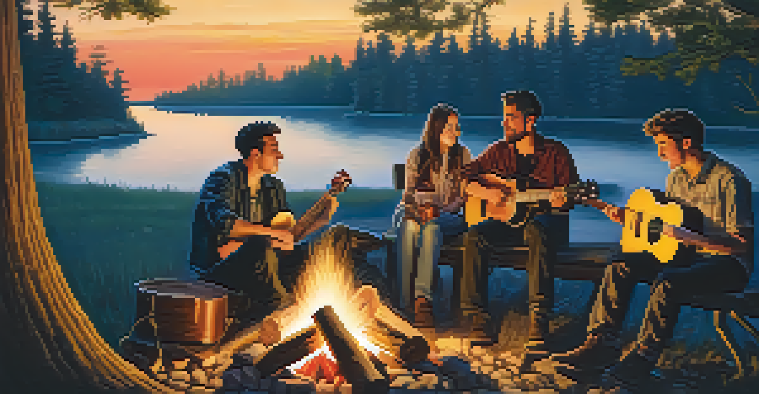 A group of friends around a campfire at dusk, playing acoustic instruments and singing, surrounded by trees and stars.