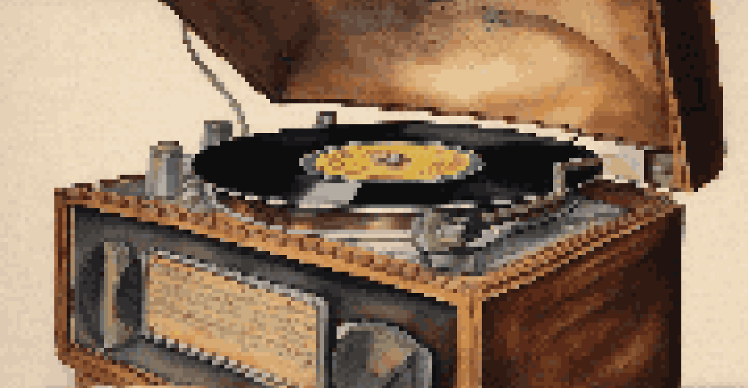 A vintage vinyl record player with a spinning record, surrounded by handwritten lyrics and photos of civil rights movements.