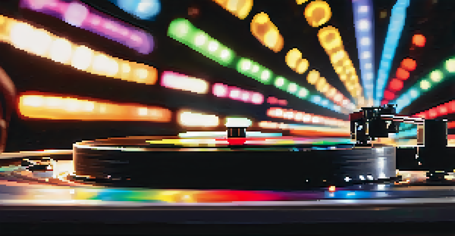 A close-up of a spinning vinyl record on a turntable with colorful light reflections in the background.