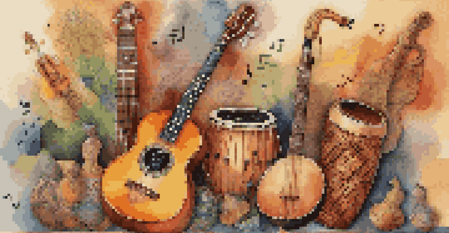 A colorful collage of musical instruments and cultural symbols, showcasing the diversity of music genres against a textured background.