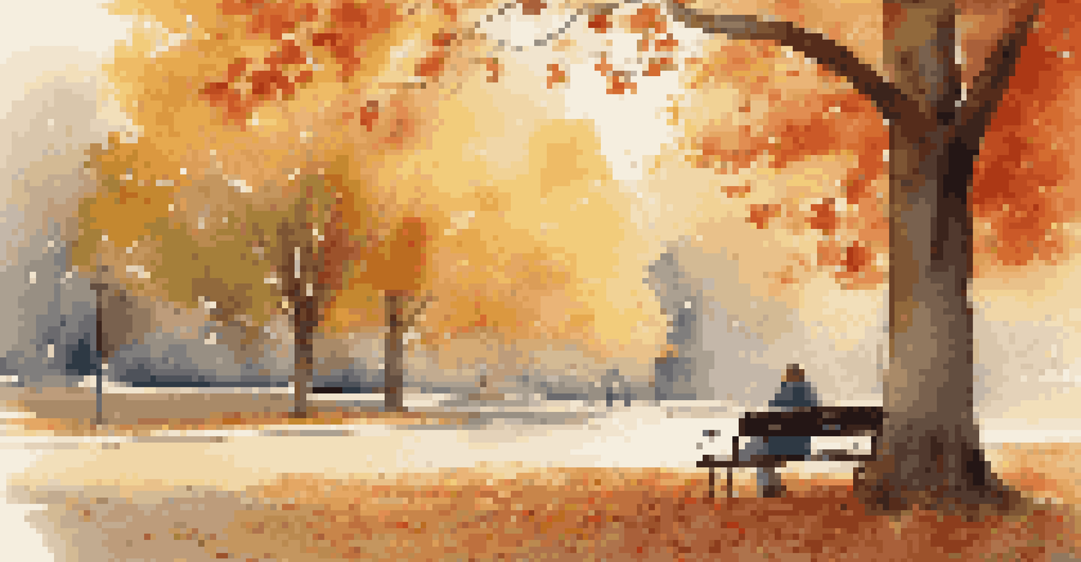 A serene outdoor park with a person sitting on a bench wearing headphones and reading a book, surrounded by colorful autumn leaves.