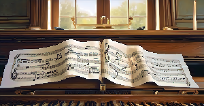 A music composition sheet with musical notes and clefs on a wooden piano background, illuminated by soft natural light.