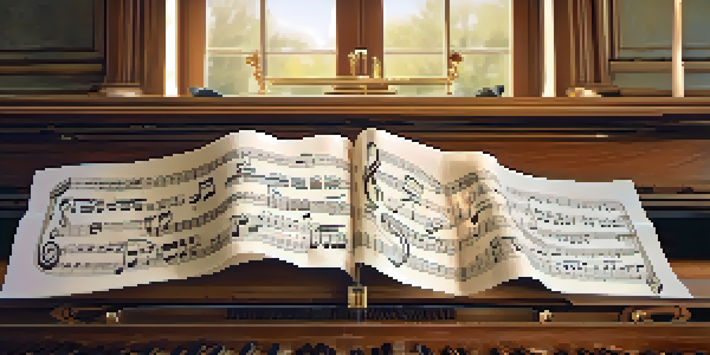 A music composition sheet with musical notes and clefs on a wooden piano background, illuminated by soft natural light.