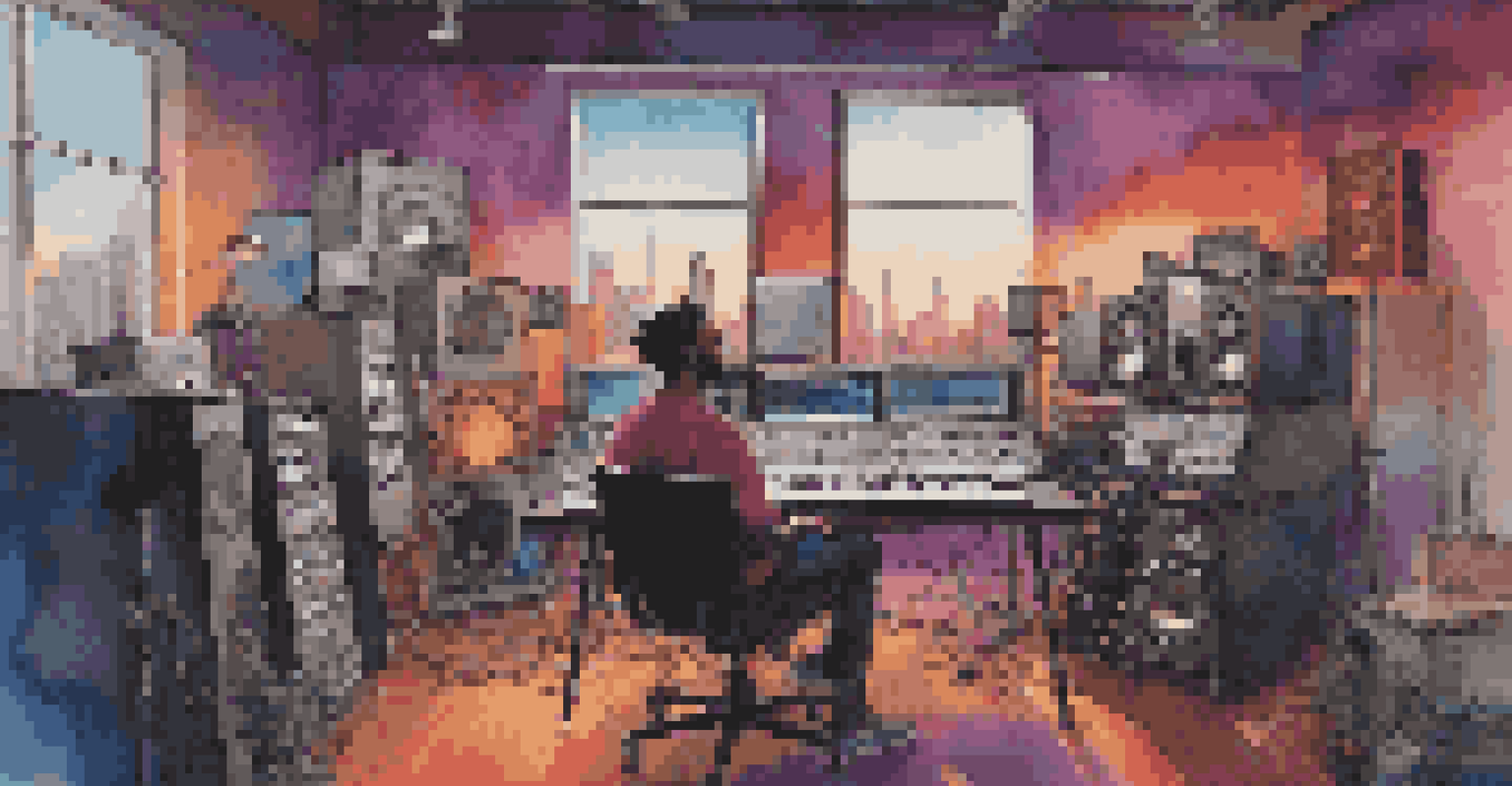 An artist in a modern recording studio composing music with international instruments and digital equipment, with a city skyline in the background.