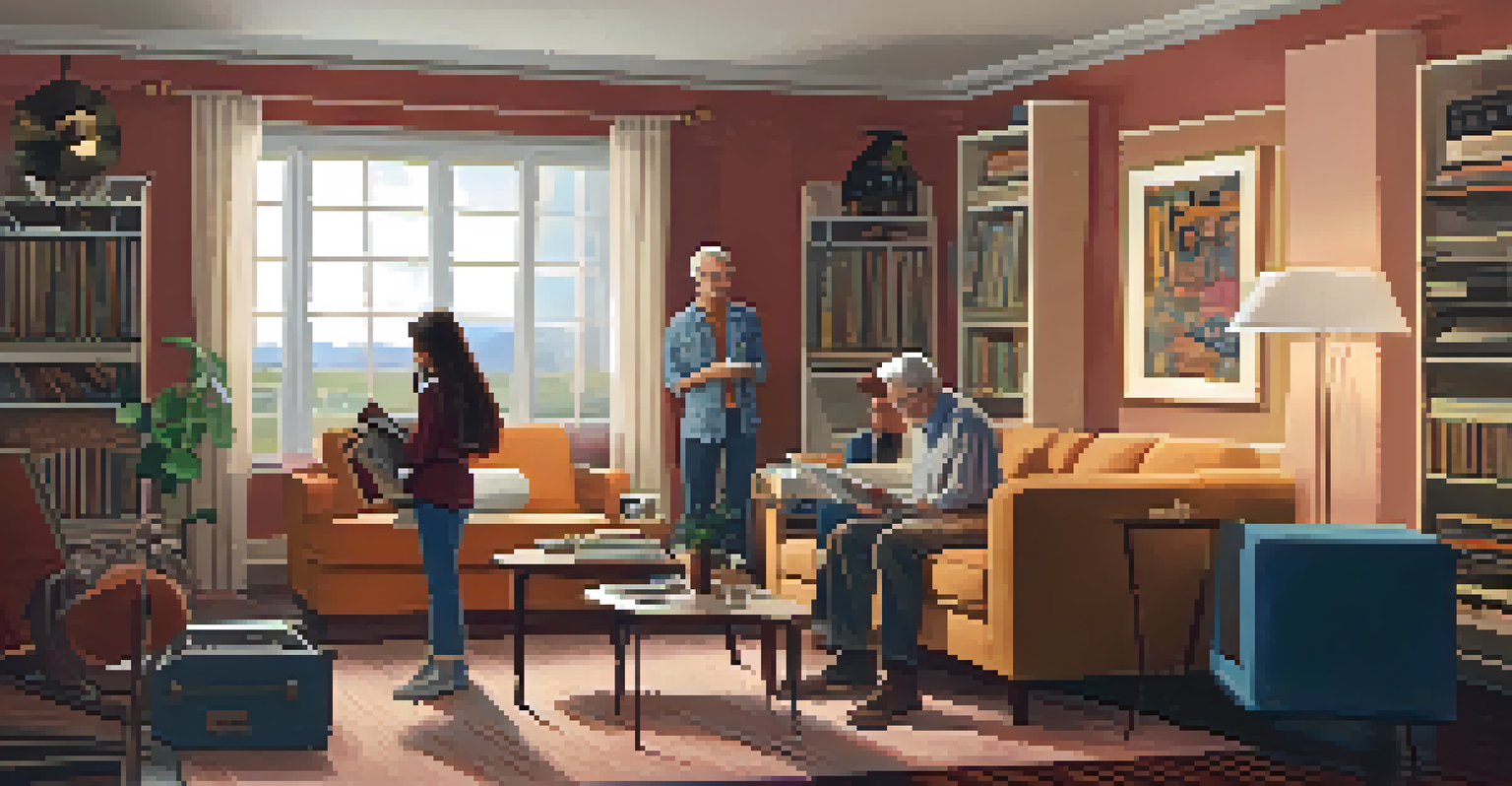 A family in a cozy living room exploring music together around a record player, highlighting intergenerational connections through music.