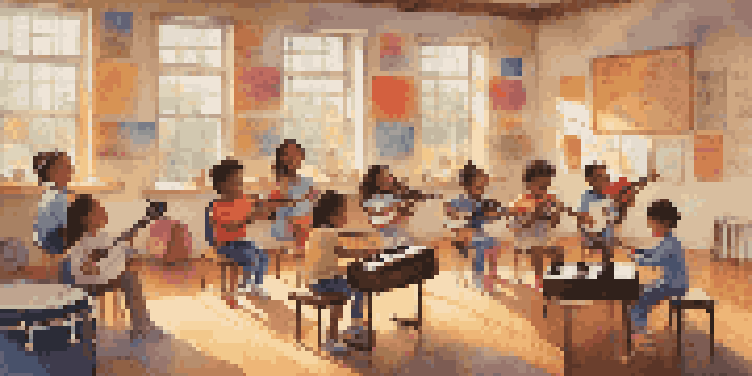 A colorful classroom filled with children playing musical instruments during a lesson, with sunlight illuminating the space.