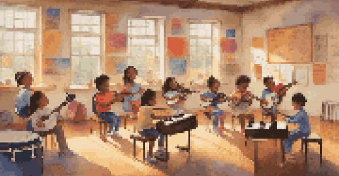A colorful classroom filled with children playing musical instruments during a lesson, with sunlight illuminating the space.