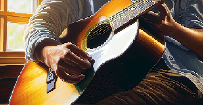 A guitarist's hands playing open chords on an acoustic guitar, with sunlight streaming through a window and shadows on the floor.