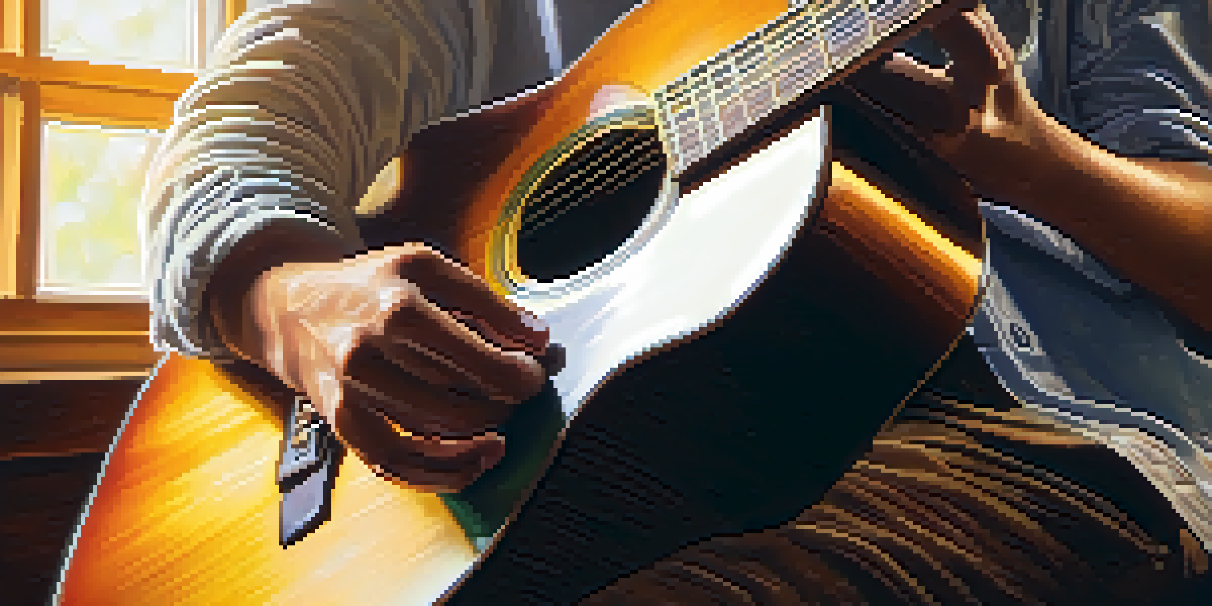 A guitarist's hands playing open chords on an acoustic guitar, with sunlight streaming through a window and shadows on the floor.