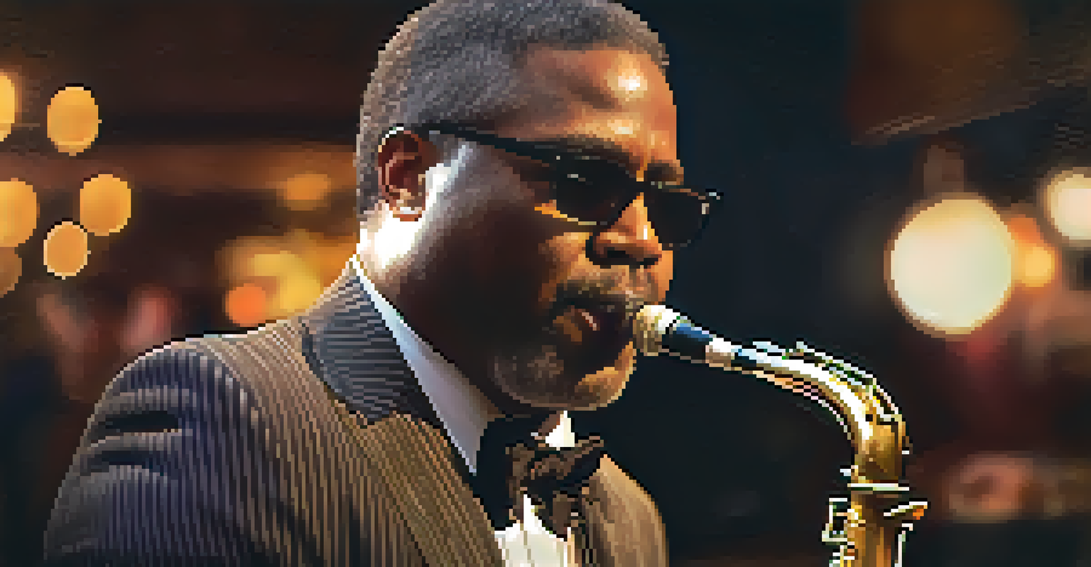 A close-up portrait of a jazz musician playing a saxophone, showcasing his expressive face and the warm ambiance of a jazz club.