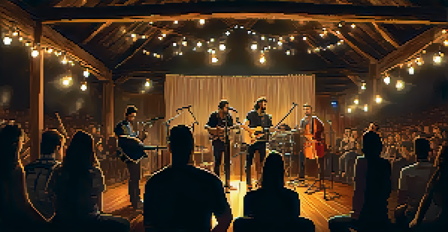 An indoor concert with a band performing under warm lighting, surrounded by an engaged audience in a cozy venue.