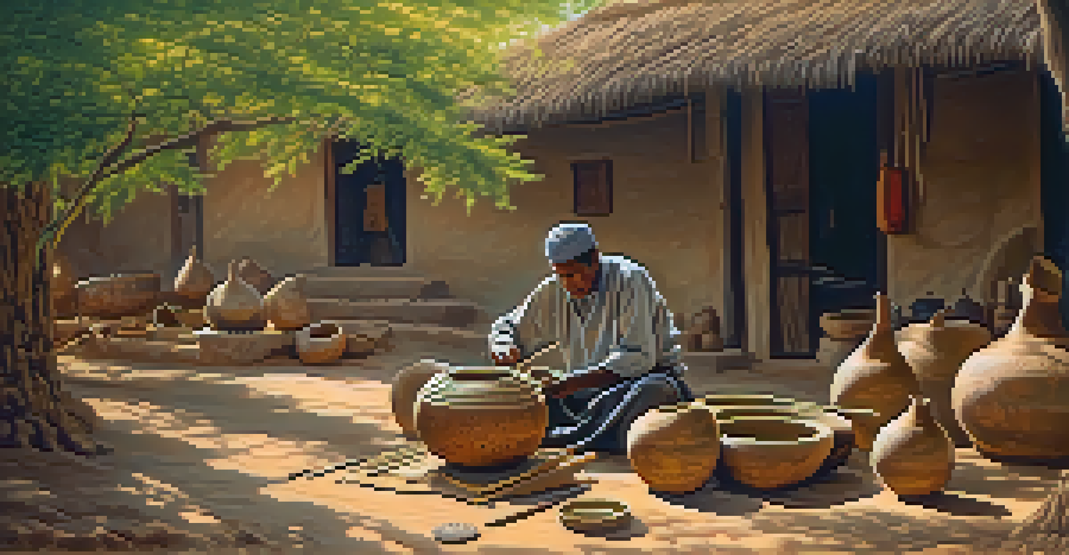 An artisan carefully crafting a Kora outdoors, with tools and several handmade Kora instruments surrounding him in a sunlit setting.