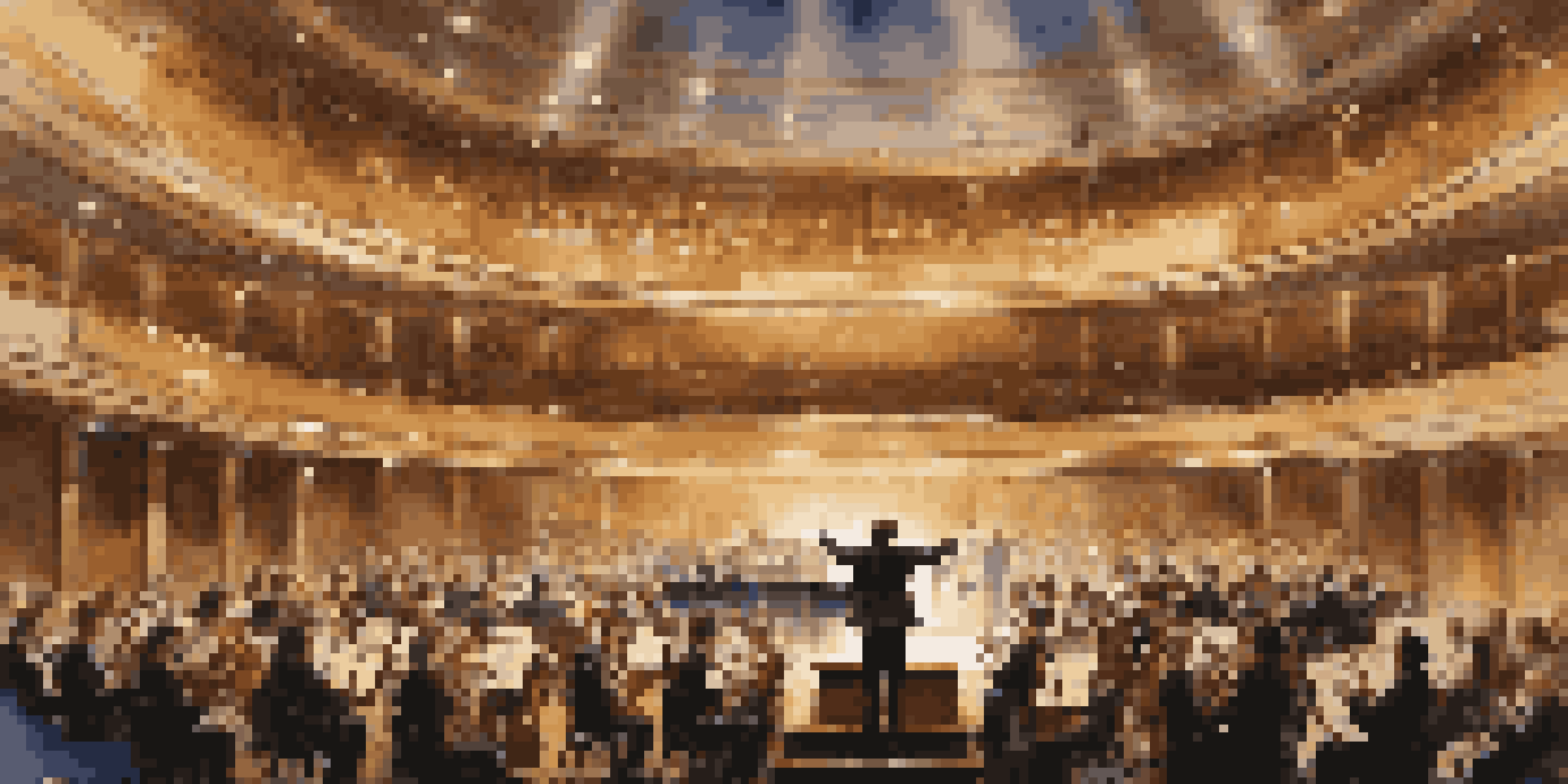 A conductor leading an orchestra in a grand concert hall, with musicians playing various instruments and warm lighting illuminating the scene.