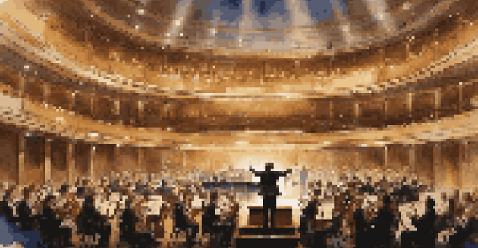 A conductor leading an orchestra in a grand concert hall, with musicians playing various instruments and warm lighting illuminating the scene.
