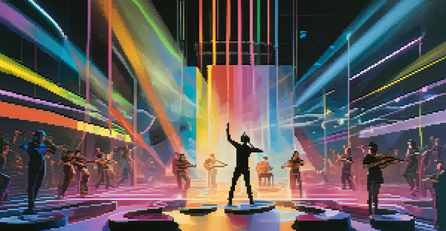 A musician performing on a futuristic VR stage with floating musical notes and animated graphics, surrounded by an engaged audience.