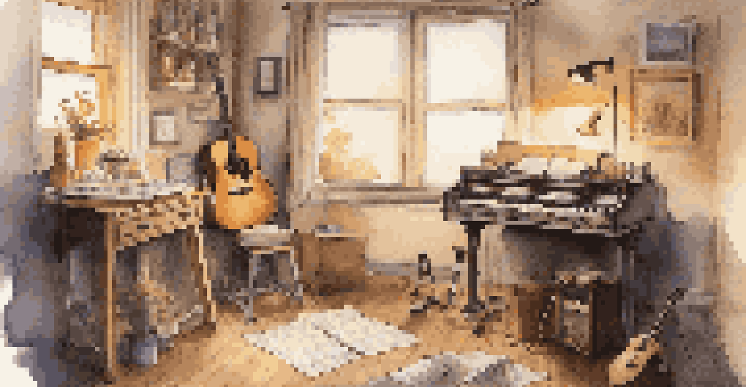 A musician's home studio with a guitar, microphone, and handwritten lyrics creating a cozy atmosphere.