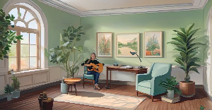 A bright and calming therapy room with a therapist playing guitar and a client drawing, surrounded by plants and soft colors.