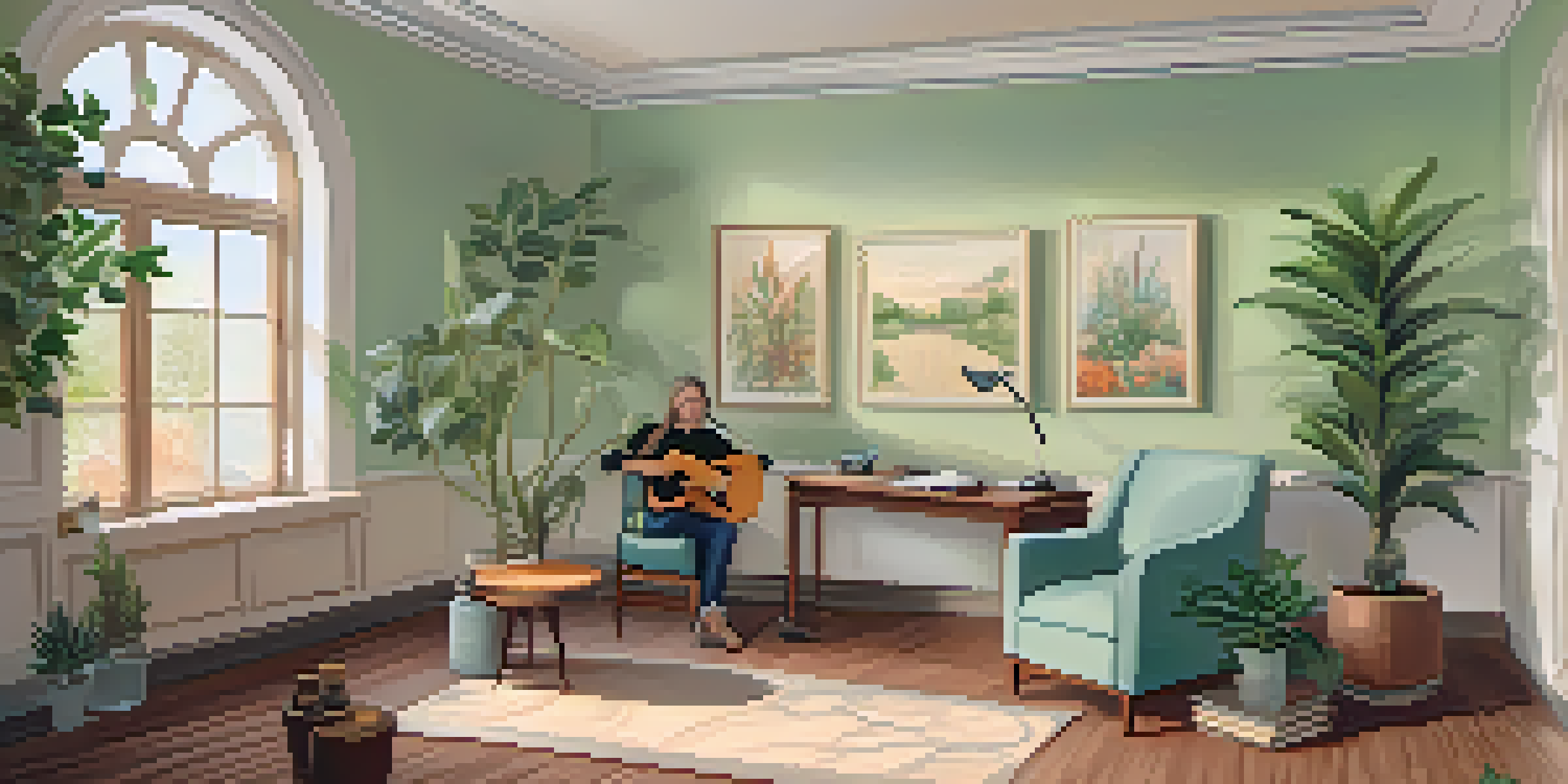 A bright and calming therapy room with a therapist playing guitar and a client drawing, surrounded by plants and soft colors.