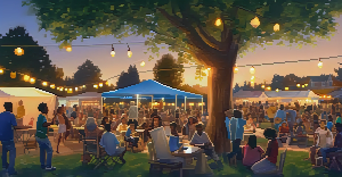 Neighbors of different ages and backgrounds enjoying a lively music night in a park with cozy seating and warm sunset light.