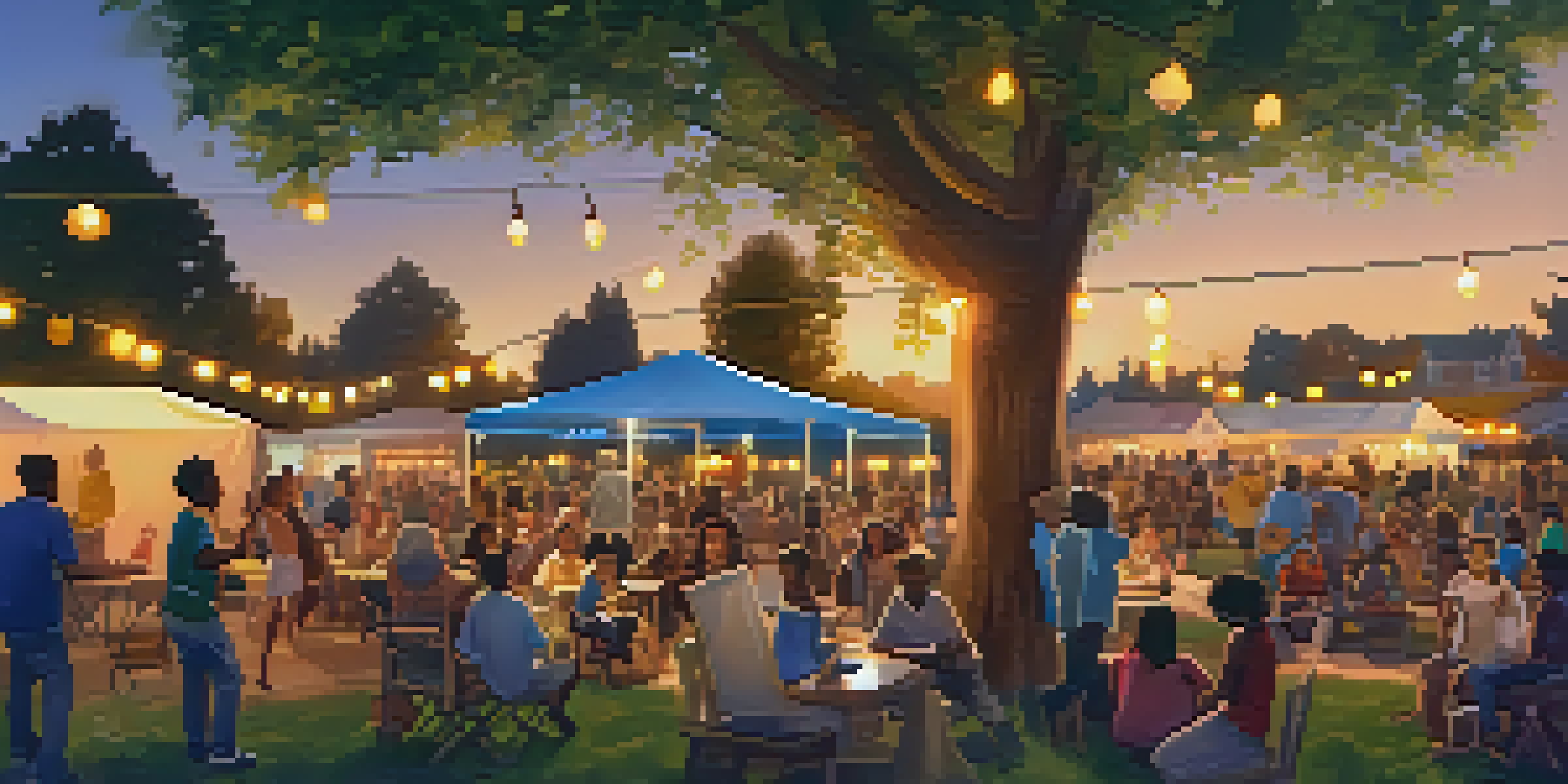 Neighbors of different ages and backgrounds enjoying a lively music night in a park with cozy seating and warm sunset light.