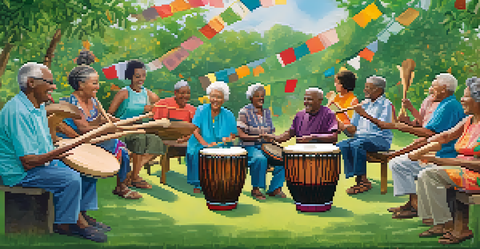 A group of seniors playing various percussion instruments in a vibrant drumming circle outdoors, smiling and enjoying the music.