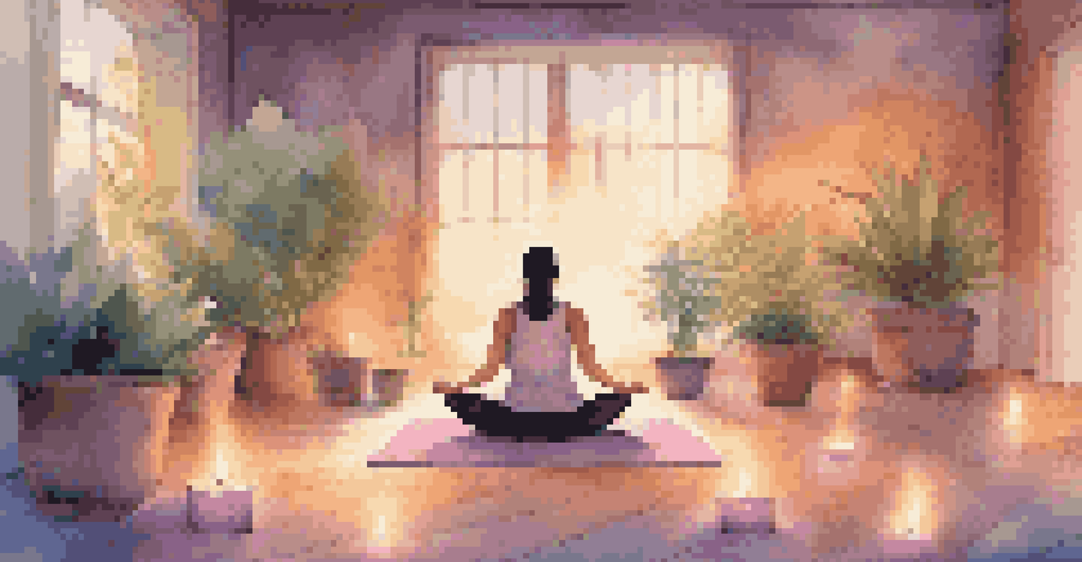 A person meditating on a yoga mat surrounded by candles and plants, with colorful music notes floating in the air.