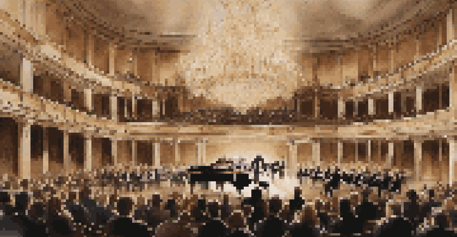 A symphony orchestra performing in a grand concert hall, with dramatic lighting and an engaged audience.