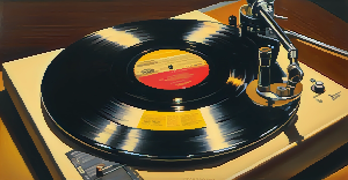 A vinyl record spinning on a turntable with blurred images of social movements in the background.