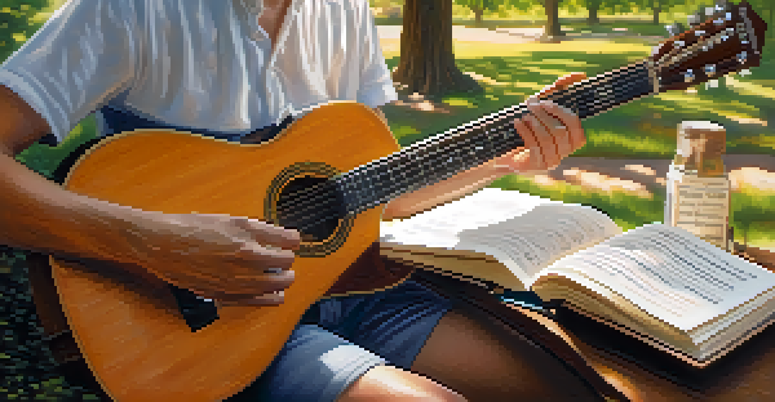 A person's hands playing a guitar with a notebook of song lyrics in a tranquil outdoor setting, surrounded by trees and sunlight.