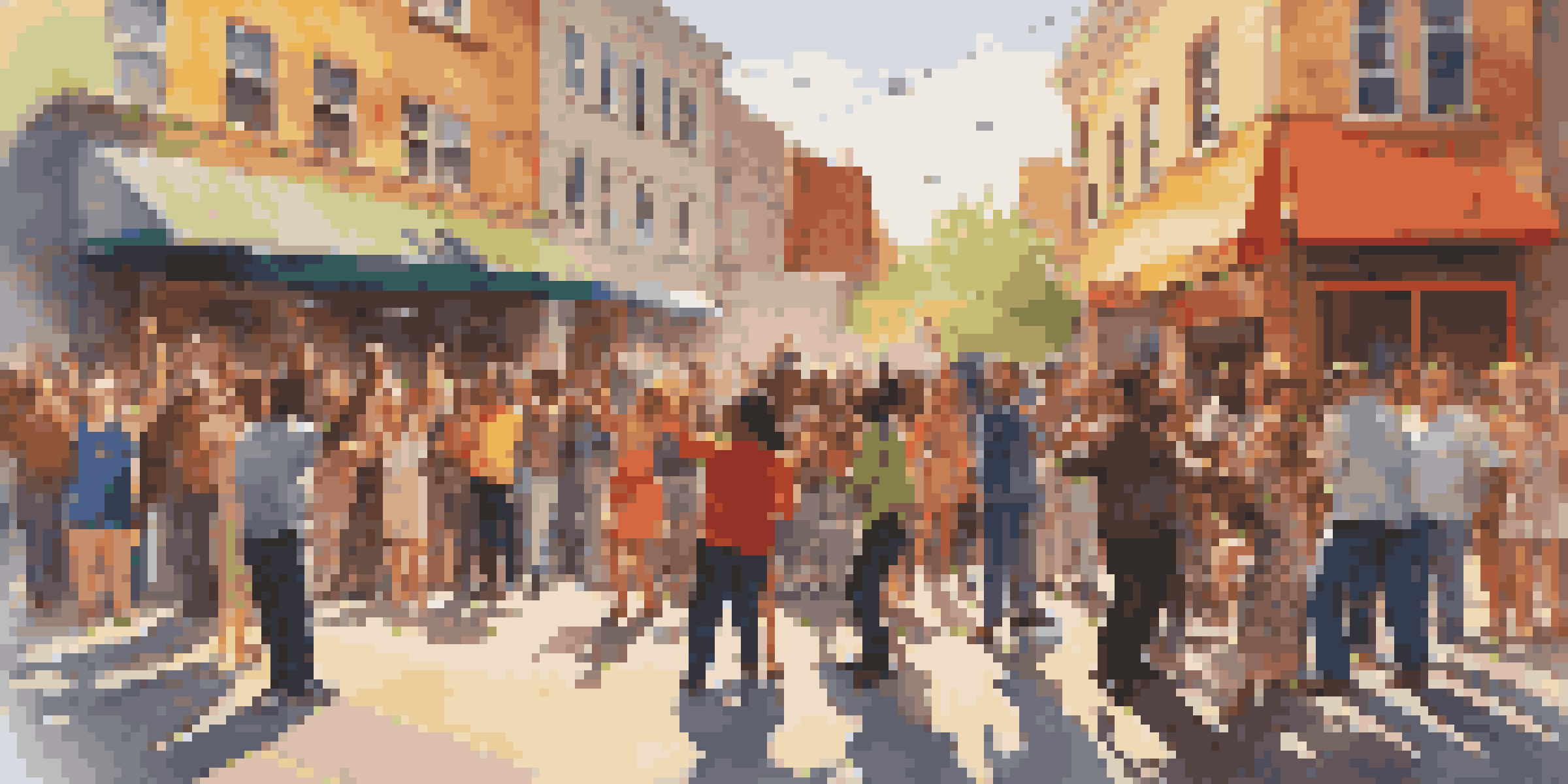 A lively street performance with musicians and an enthusiastic audience in an urban environment, featuring colorful street art and warm sunlight.