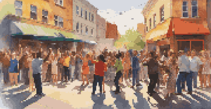 A lively street performance with musicians and an enthusiastic audience in an urban environment, featuring colorful street art and warm sunlight.