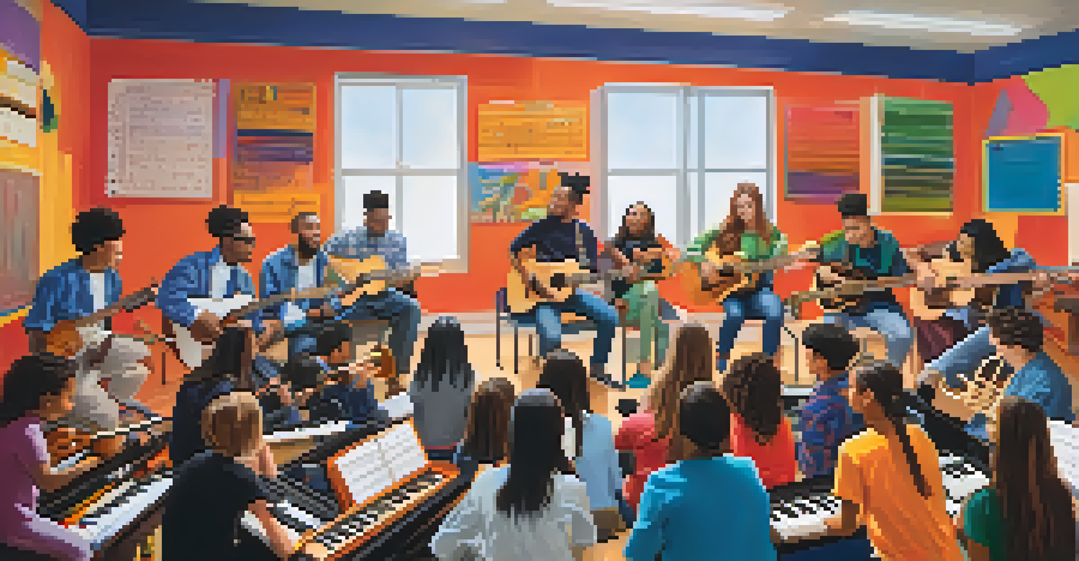 A vibrant music classroom with students collaborating on a song, surrounded by instruments.