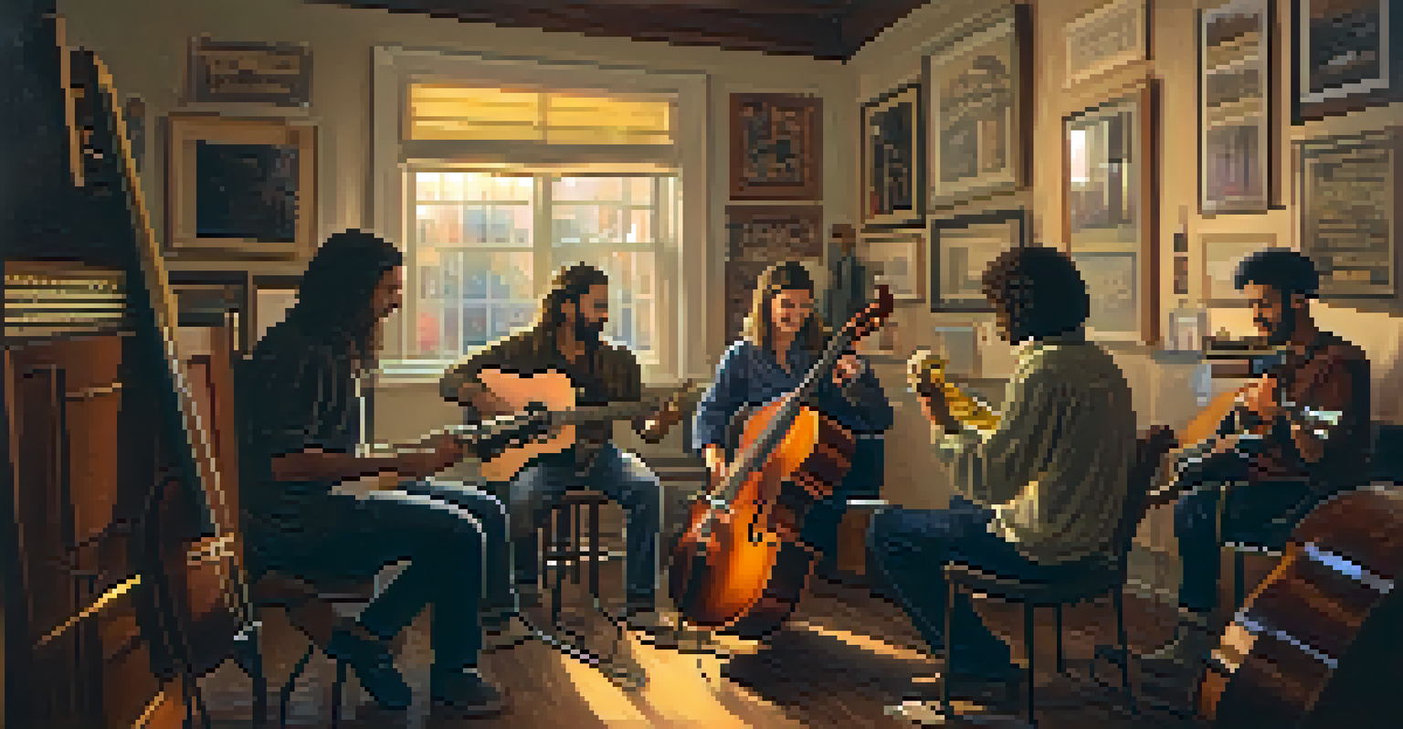 A small group of musicians in a cozy room, collaborating on music with various instruments around them, illuminated by soft warm light.