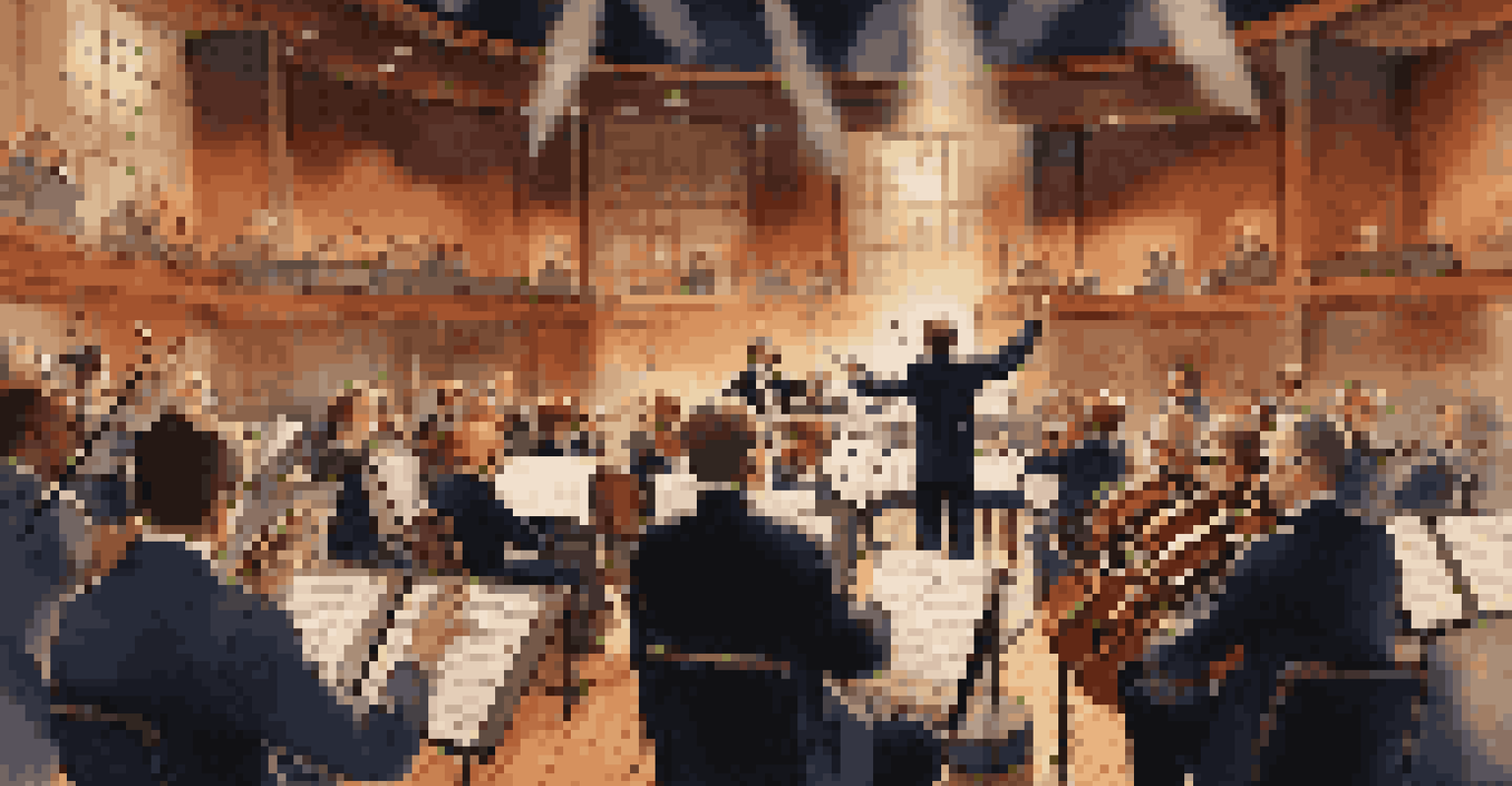A conductor leading an orchestra during a recording session, with musicians focused on their instruments.