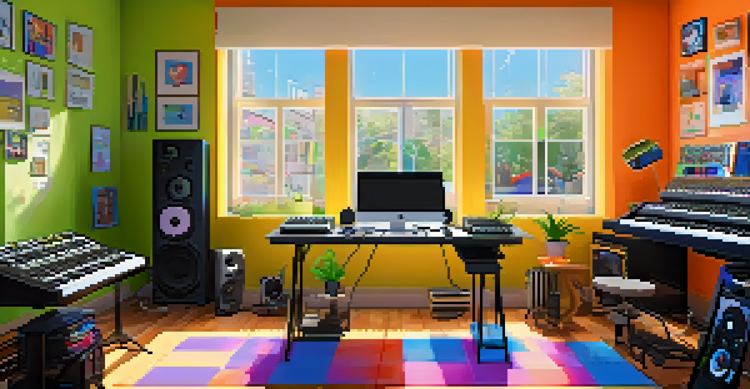 A colorful workspace with a MIDI controller, computer screen showing virtual instruments, and musical notes, creating an energetic atmosphere.